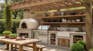 Rustic outdoor kitchen with wood and stone elements