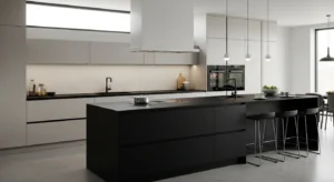 Black kitchen island acting as a focal point