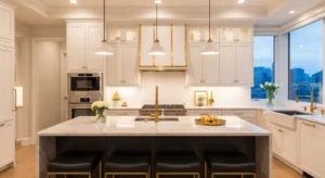 White kitchen with gold accents adding a luxurious touch