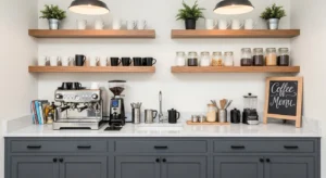 Coffee bar with storage keeping the space tidy