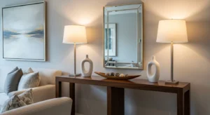 Symmetrical decor setup on behind sofa table