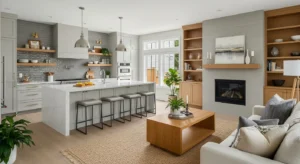 Neutral and wood elements creating a warm cohesive space