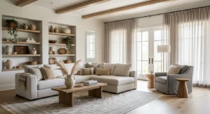 Neutral and wood accents creating a warm cohesive space