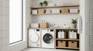 Shelving above washing machine for storage and organization