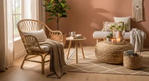 Boho living room with rattan furniture