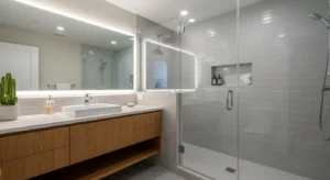 Glass shower door opening up space visually