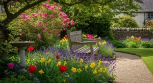 Wooden bench creating a cozy garden corner