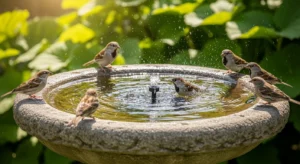 Bird bath with fountain attracting birds
