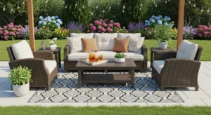 Outdoor rug defining backyard space