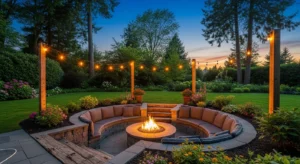 Sunken fire pit creating cozy lounge