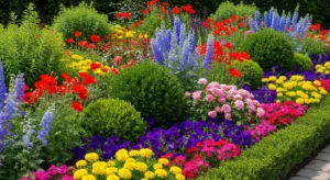 Mix of flowers and shrubs creating balance