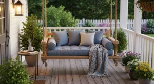 Front porch swing creating cozy vibe