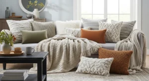Textured fabrics adding depth to beige room