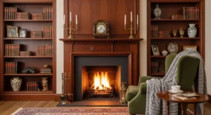 Built-in shelves framing fireplace