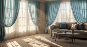 Light blue curtains in living room