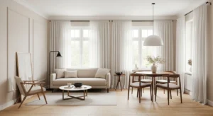 Neutral color palette in small living room bedroom combo for airy feel