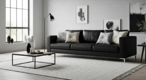 Black sofa as statement piece in stylish living room
