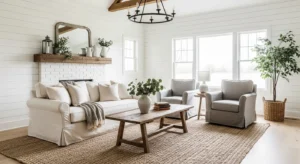 Shiplap walls adding farmhouse character to living room