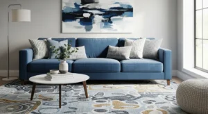 Blue sofa paired with patterned rug adding depth and style