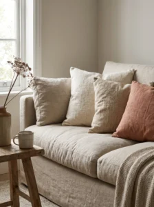 Japandi living room with linen and cotton textures in neutral tones