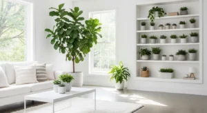 White living room decorated with indoor plants for a fresh, lively feel.