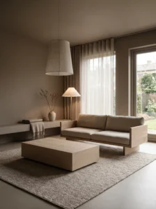 Minimalist brown and beige living room with clean lines and calming neutral tones