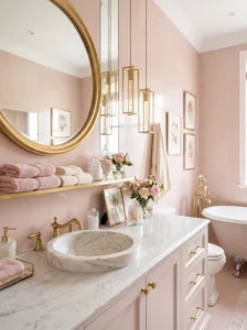 Blush pink bathroom with gold accents and soft feminine glam design