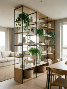 Open shelving used as divider in living room dining room combo