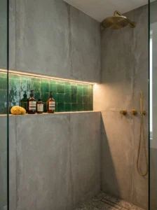 Shower niche design with built-in storage and decorative tile detail
