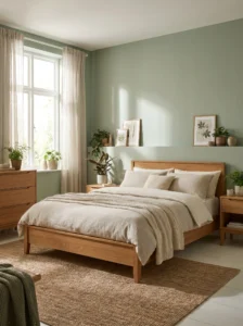 Sage green bedroom with warm wood furniture and calming natural decor