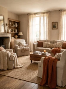 layered textures French country living room cozy setup