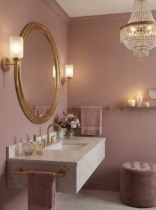  Dusty rose bathroom with soft glam and gold accents