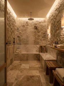 Natural stone shower design with earthy tones and spa-like feel