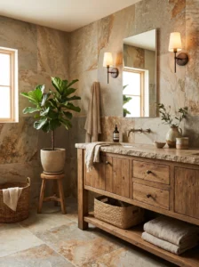 Nature-inspired bathroom with wood vanity and stone textures