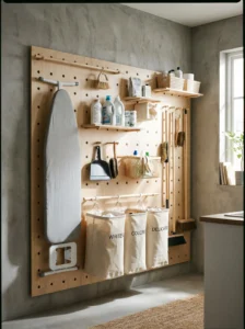 Wall hooks used for hanging laundry essentials in small space