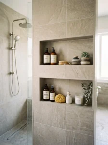 Built-in bathroom wall niches for space-saving storage in shower