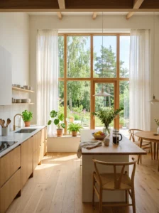 Light-filled Scandinavian kitchen with large windows and natural sunlight