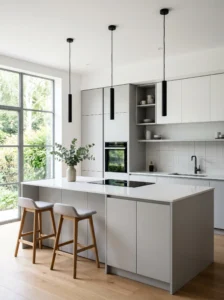 Slim cylinder pendant lights in minimalist modern kitchen design