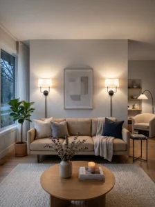 Wall sconces providing soft ambient lighting in a modern living room