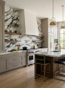 Bold marble backsplash kitchen design modern 2026