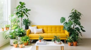 Yellow couch with green plants creating a fresh and lively living room