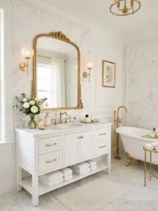 White bathroom with gold accents creating a modern and elegant glam look