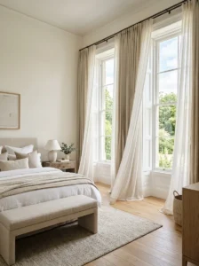Floor-length curtains in a bedroom adding height and elegance to the space