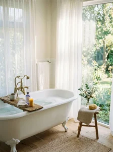 Bathtub near a window with natural light for a relaxing bathroom design