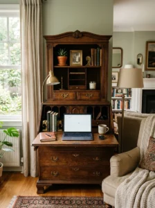Secretary desk used as hidden workspace in living room