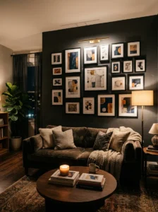 Moody gallery wall with black frames on dark wall in stylish living room
