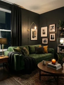 Green couch with dark walls modern moody living room