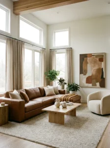 Brown couch paired with a light neutral rug to brighten the living room