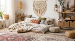 Layered rugs adding texture and warmth to a boho bedroom