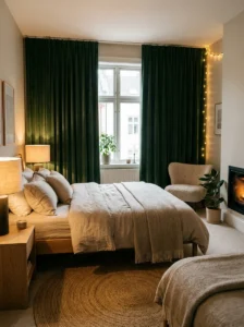 forest green curtains in bedroom adding depth and contrast
